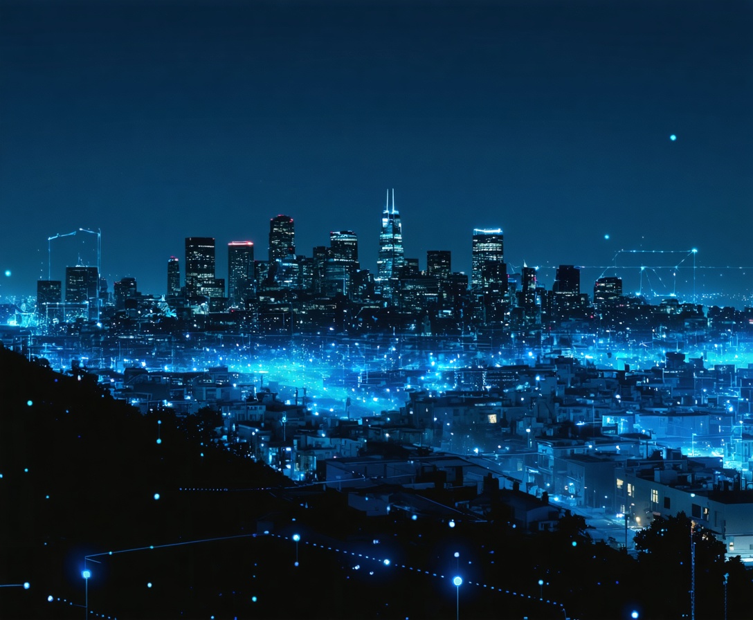 Футуристический вид на Сан-Франциско с цифровыми сетями данных