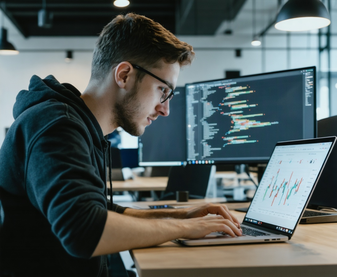 Студент за работой над сложным проектом по анализу данных